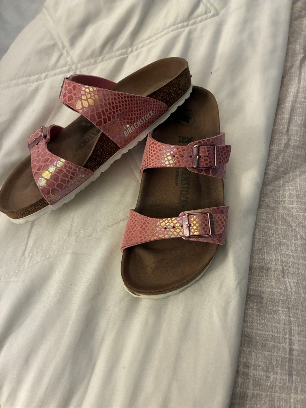 Birkenstock Pink Metallic Snake-Print Double Strap Sandals